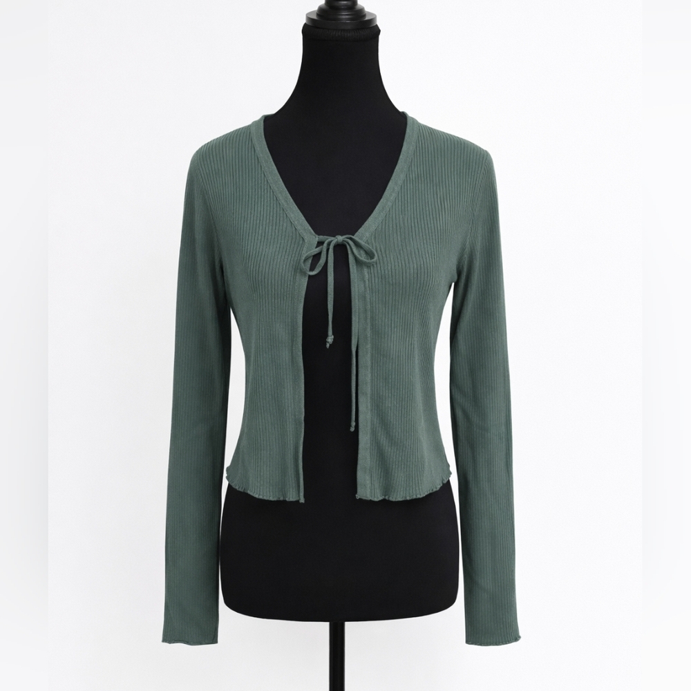 Ribbed Tie-Front Long Sleeve Cardigan - Dusty Green